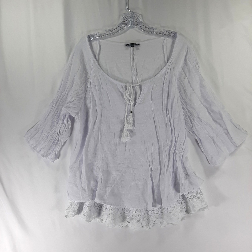 Unique Spectrum White Lace Trim Gauze Peasant Top 1X Boho Tassel Bell Sleeve - Picture 1 of 11